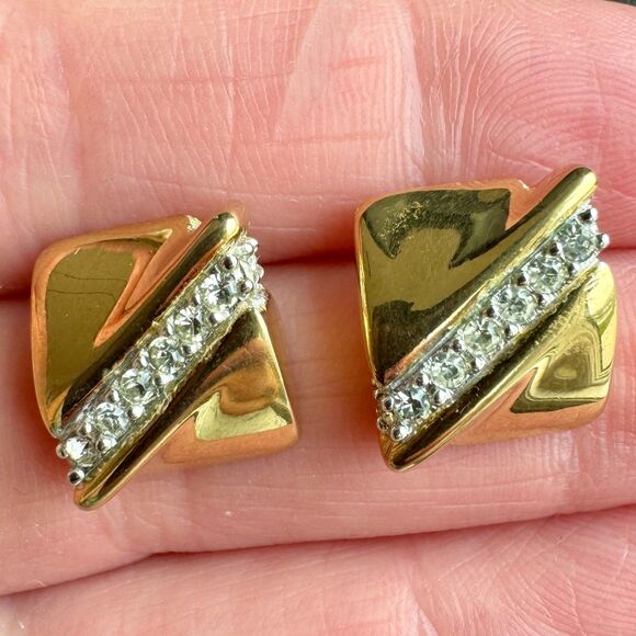 Vintage Givenchy Gold and Crystal Square Stud Earrings - Picture 3 of 9